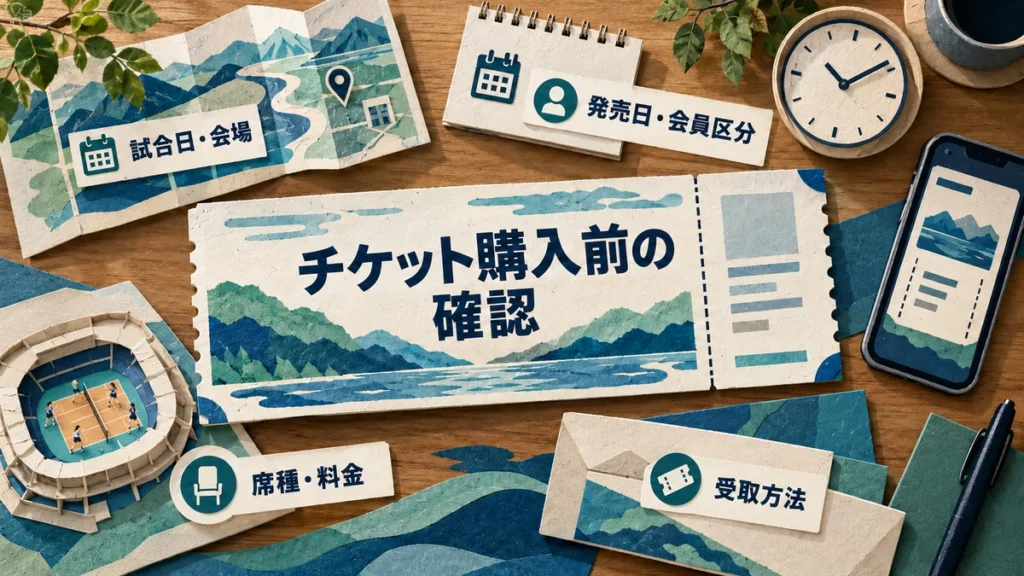 試合と会場、発売日時、席種と料金、受取方法の4チェック