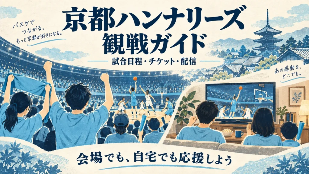 京都ハンナリーズの観戦ガイド。試合日程・チケット・配信を案内し、会場と自宅でバスケットボールを応援するイラスト