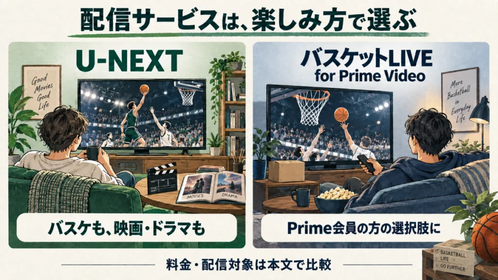 バスケに加えて映画やドラマも楽しみたい人のU-NEXTと、Prime会員の選択肢になるバスケットLIVE for Prime Videoを比較するイラスト