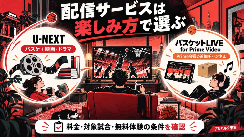 アルバルク東京の自宅観戦。U-NEXTとバスケットLIVE for Prime Videoを楽しみ方で選ぶイラスト