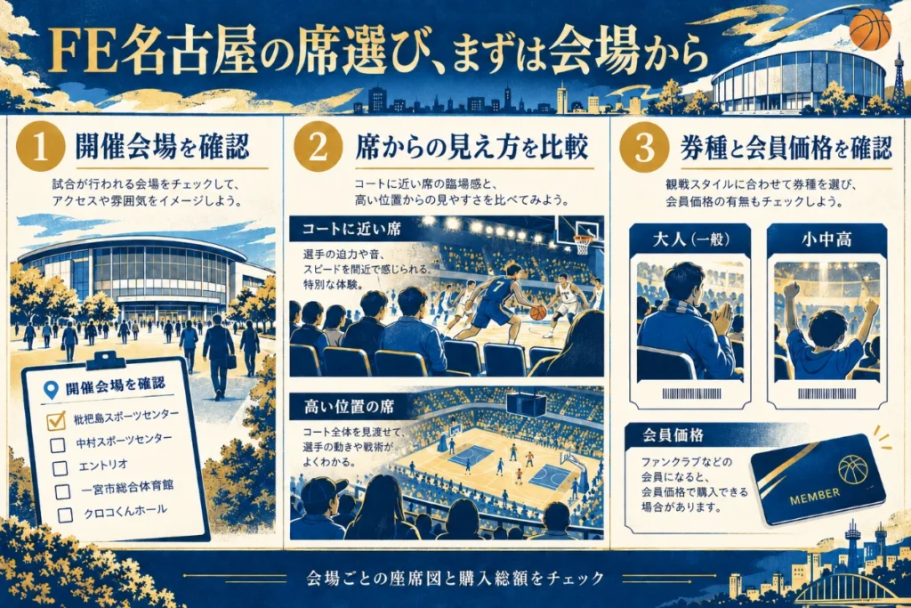 開催会場、席の見え方、大人・小中高の券種とFC価格を確認する図