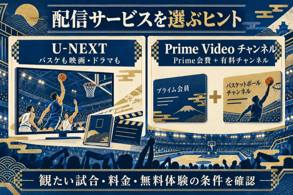 U-NEXTと、Prime会費に有料バスケチャンネルを追加する契約を比較した図