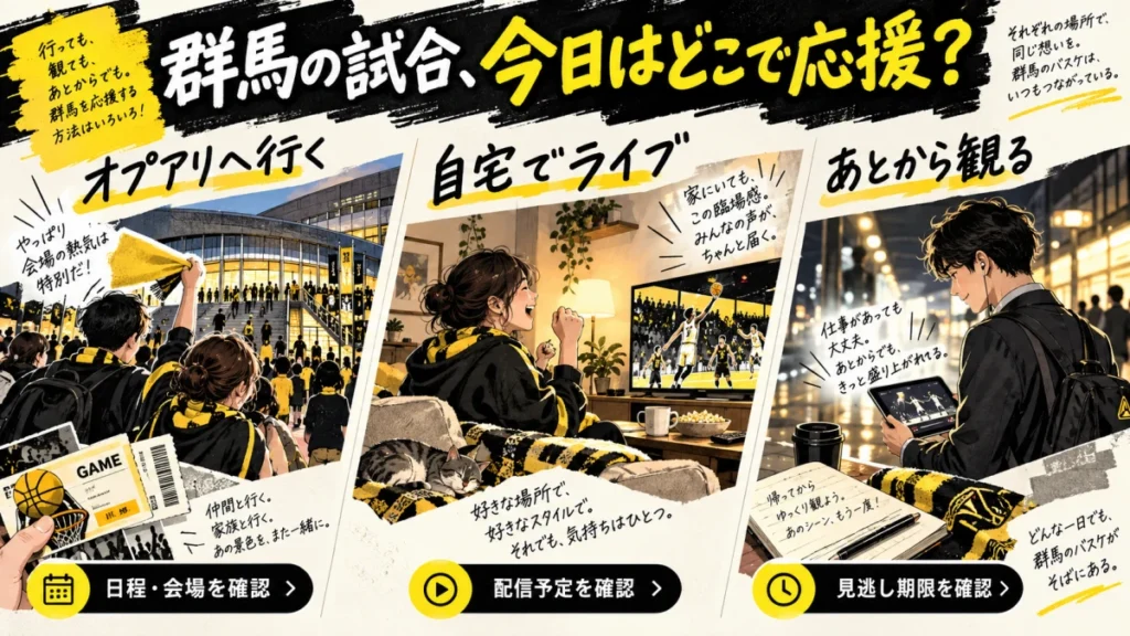 会場で応援するなら日程とチケット、自宅でライブ観戦するなら配信予定、あとから観戦するなら見逃し期限を確認する3つの観戦スタイル