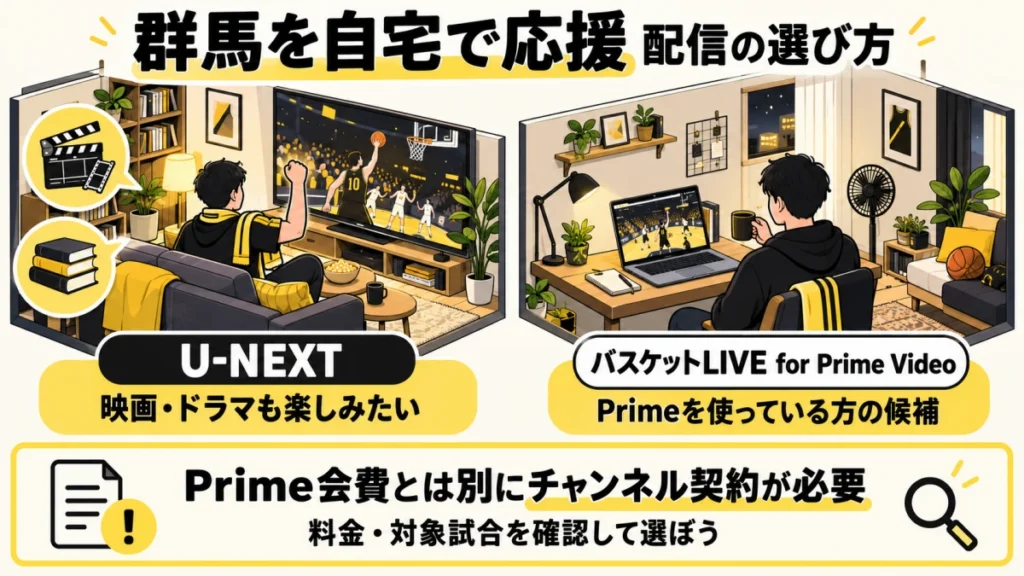 バスケに加えて映画やドラマも楽しみたい人のU-NEXTと、Prime会員の選択肢になるバスケットLIVE for Prime Videoを比較するイラスト