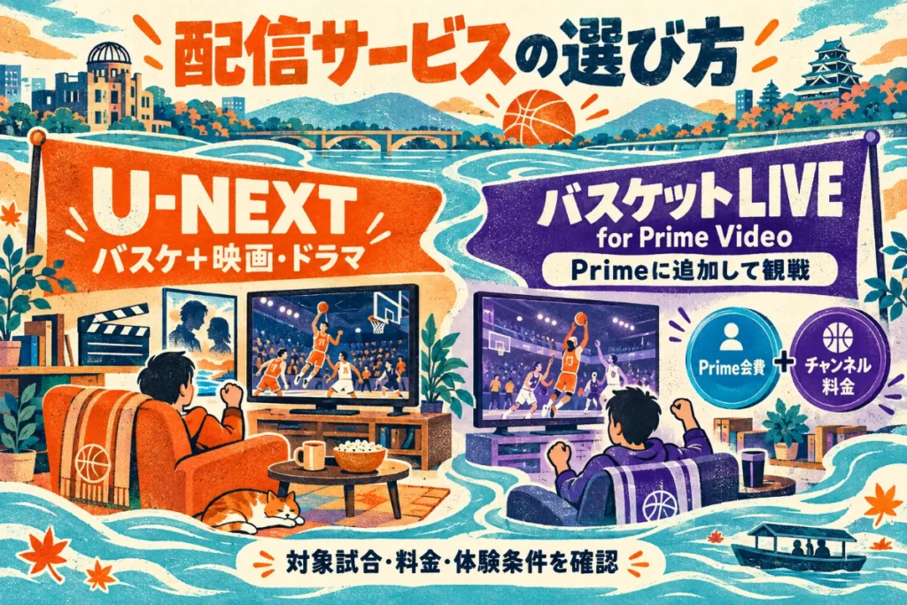 バスケと映画・ドラマを楽しむU-NEXTと、Prime会費に有料バスケチャンネルを追加する方法を比較した図。
