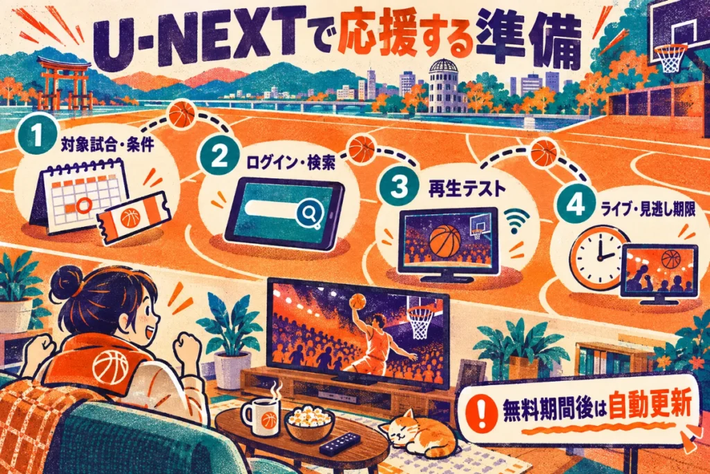 対象試合と条件、ログインと検索、再生テスト、ライブと見逃し期限を確認する4段階の観戦準備の図。