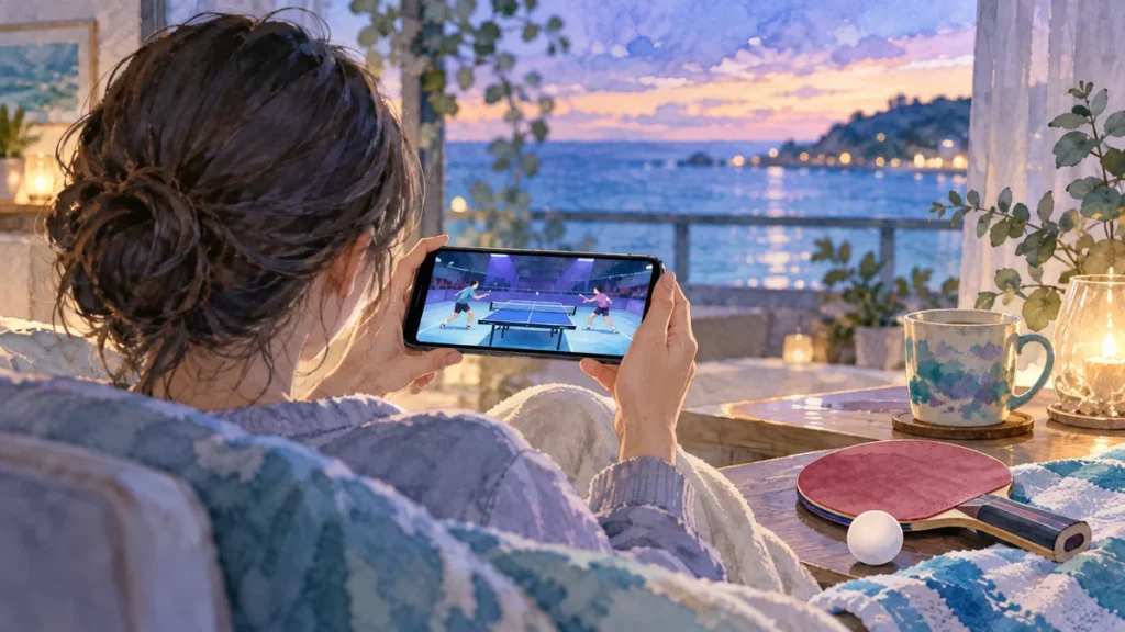 自宅でスマホを使って卓球の試合を視聴するファンのイラスト