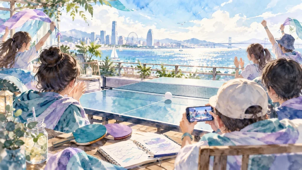 卓球の試合や動画を楽しみながらチームを応援するファンのイラスト
