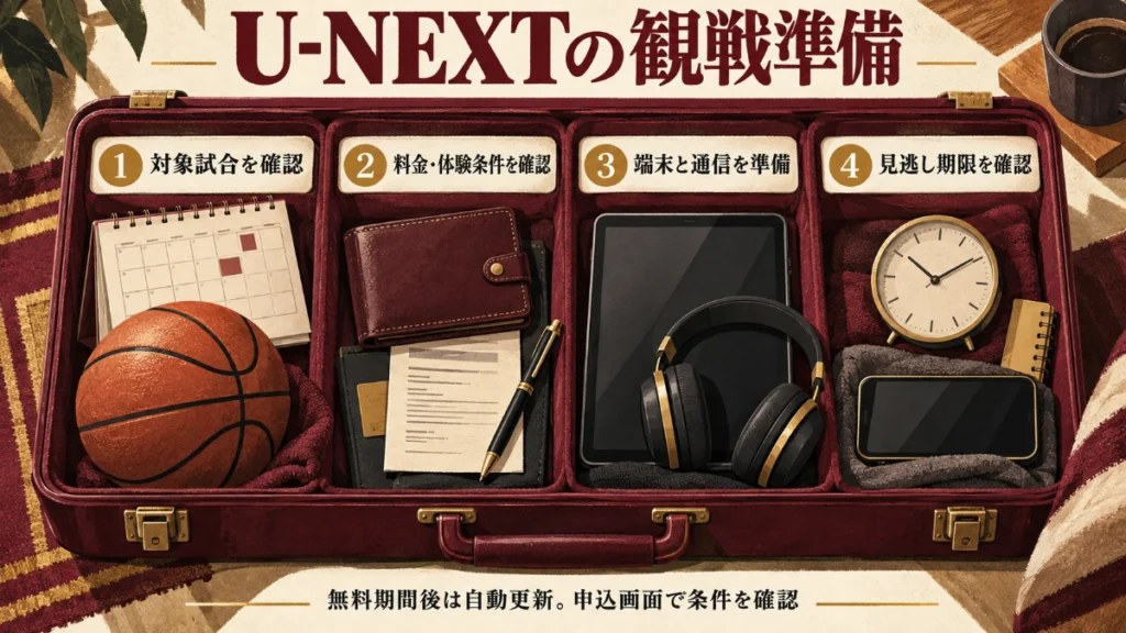対象試合、料金と体験条件、端末と通信、見逃し期限の4つを確認するU-NEXTの観戦準備