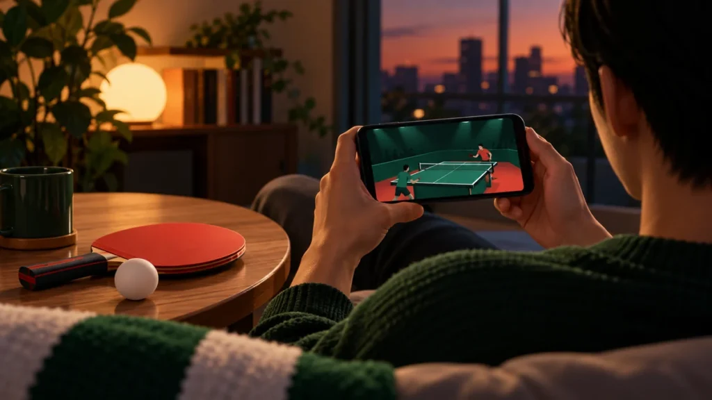 自宅でスマホを使って卓球の試合を視聴するファンのイラスト