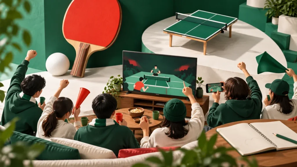 卓球の試合や動画を楽しみながらチームを応援するファンのイラスト