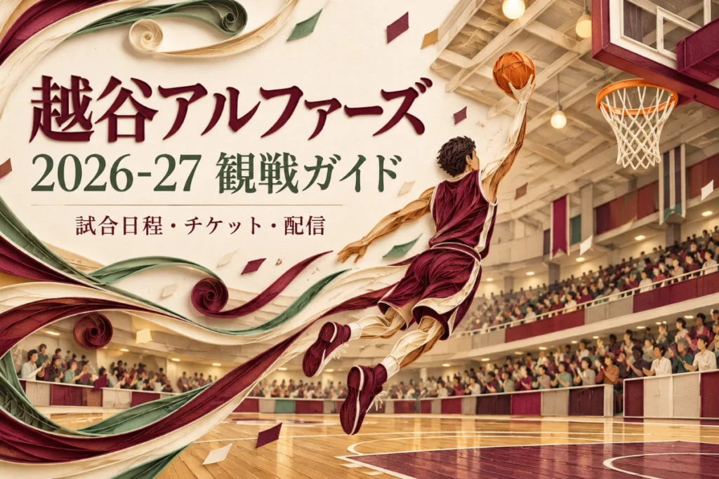 越谷アルファーズの2026-27観戦ガイド。バスケットボール会場の光と観客を描いたオリジナルの絵。