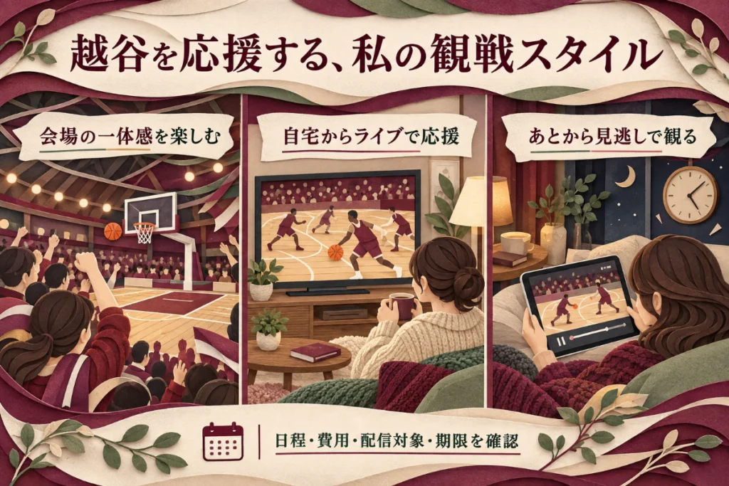 越谷アルファーズを会場、ライブ配信、見逃し配信で応援する3つの方法を示した図。