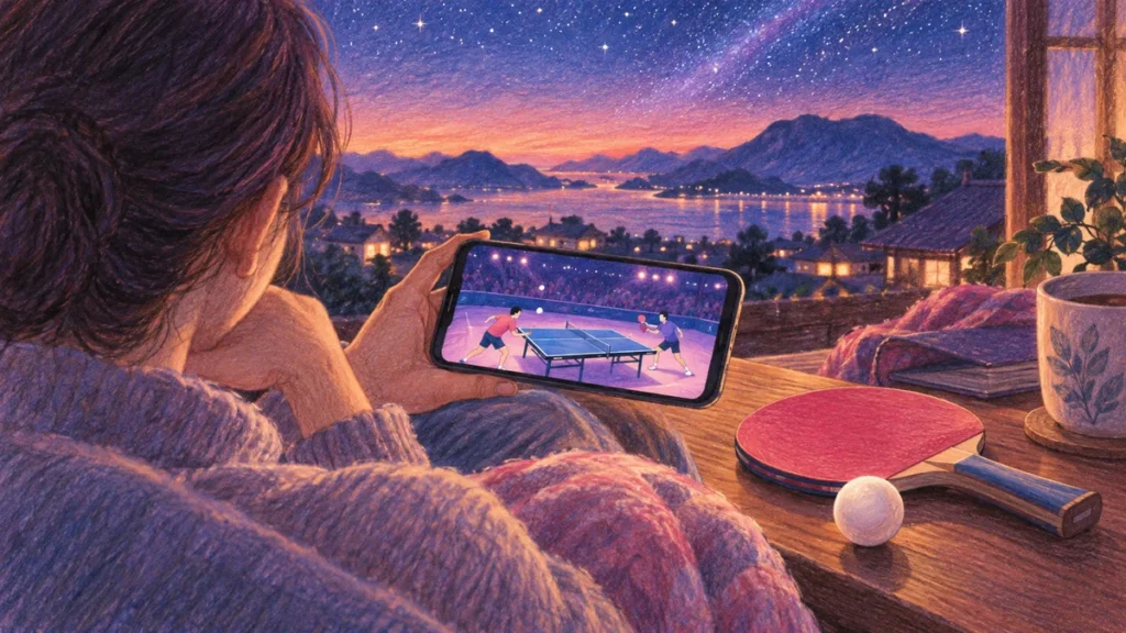 自宅でスマホを使って卓球の試合を視聴するファンのイラスト