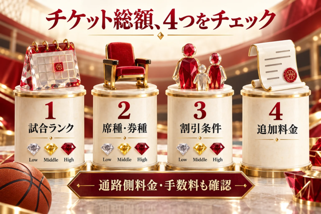 赤い立体のカレンダー、椅子、家族、明細で、試合ランク・席種と券種・割引条件・追加料金を説明する図
