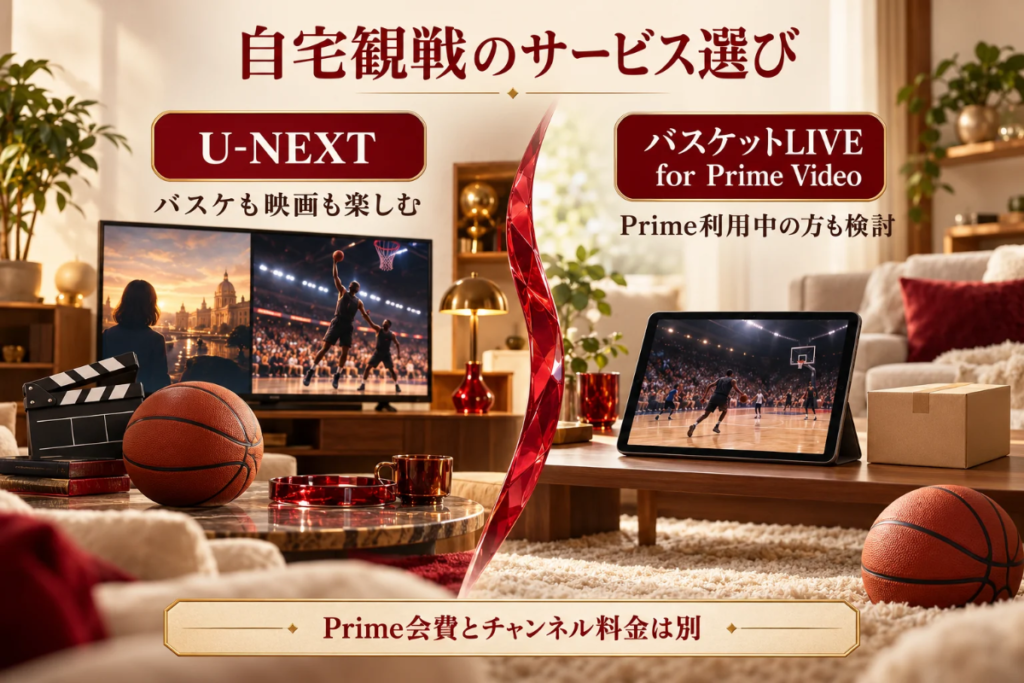 赤とクリーム色のリビングでU-NEXTとバスケットLIVE for Prime Videoの選び方を比較した画像