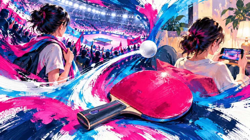 卓球の会場観戦とスマホ視聴を選ぶファンのイラスト
