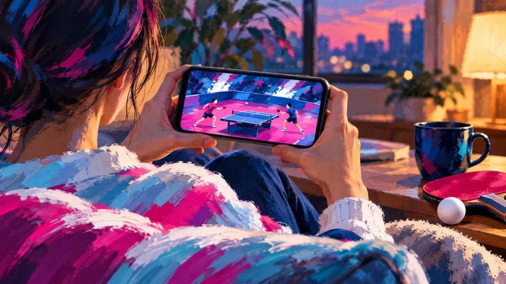 自宅でスマホを使って卓球の試合を視聴するファンのイラスト