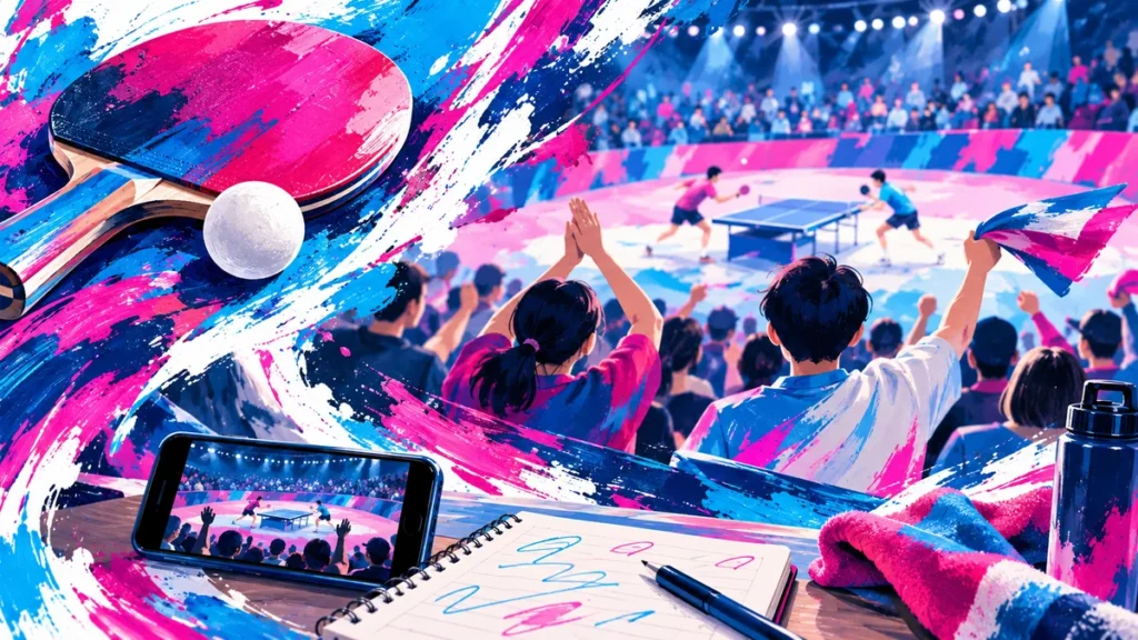 卓球の試合や動画を楽しみながらチームを応援するファンのイラスト