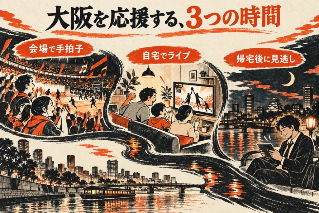 会場での手拍子、自宅でのライブ、帰宅後の見逃しを川の流れでつないだ版画調のイラスト。