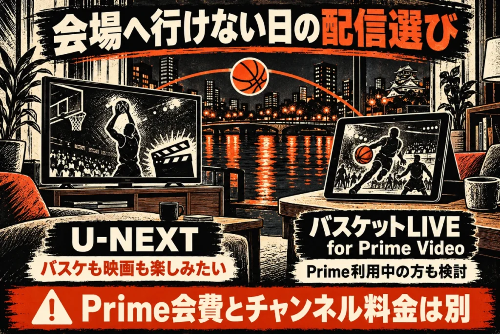 赤と黒の版画調で、映画とバスケを楽しむU-NEXTと、Prime利用中に検討するチャンネルを比較する図