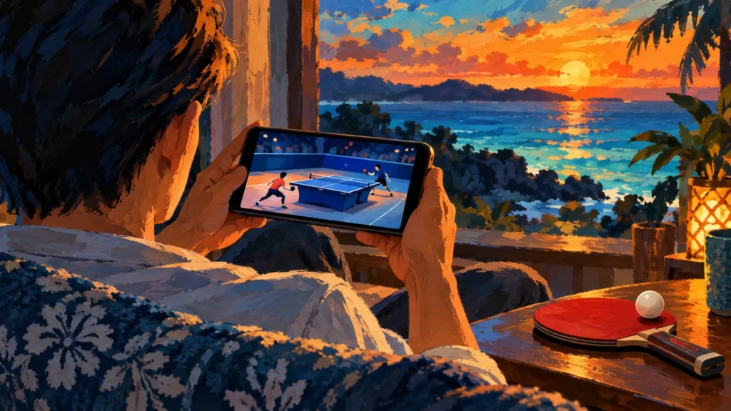 自宅でスマホを使って卓球の試合を視聴するファンのイラスト