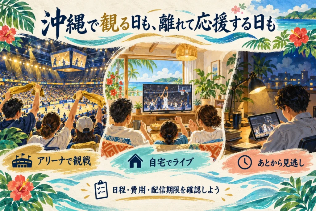 アリーナで観戦、自宅でライブ、あとから見逃しの3つの応援方法を、沖縄の海風を感じる絵で紹介した図。
