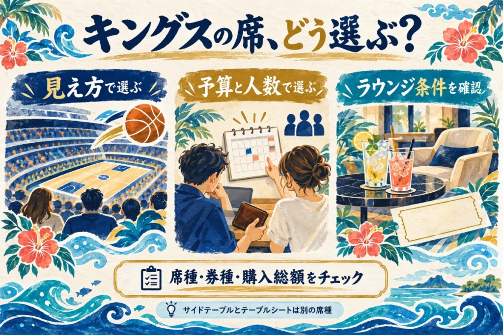 見え方、予算と人数、ラウンジの条件から琉球のチケットを選ぶ図。サイドテーブルとテーブルシートは別の席種。
