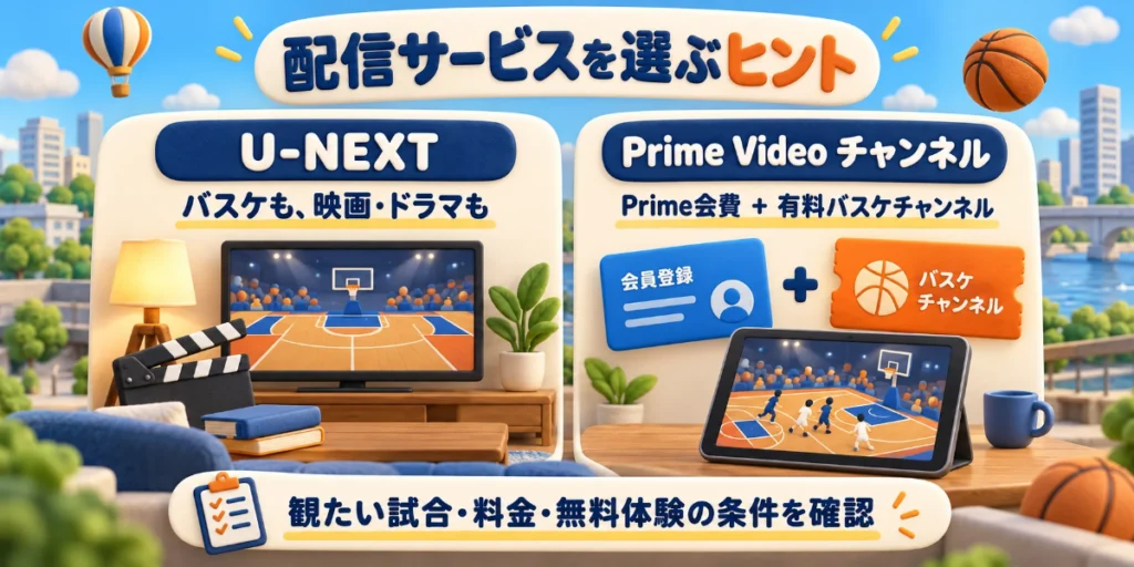 U-NEXTでバスケと映画・ドラマを楽しむ方法と、Prime会費に有料バスケチャンネルを追加する方法を比べた図。