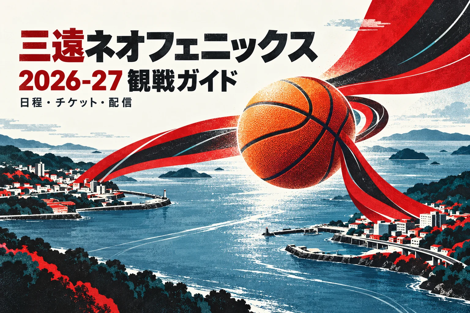 三遠ネオフェニックスの2026-27観戦ガイド。海辺の2つの街を赤と黒の帯で結び、バスケットボールを描いたイラスト