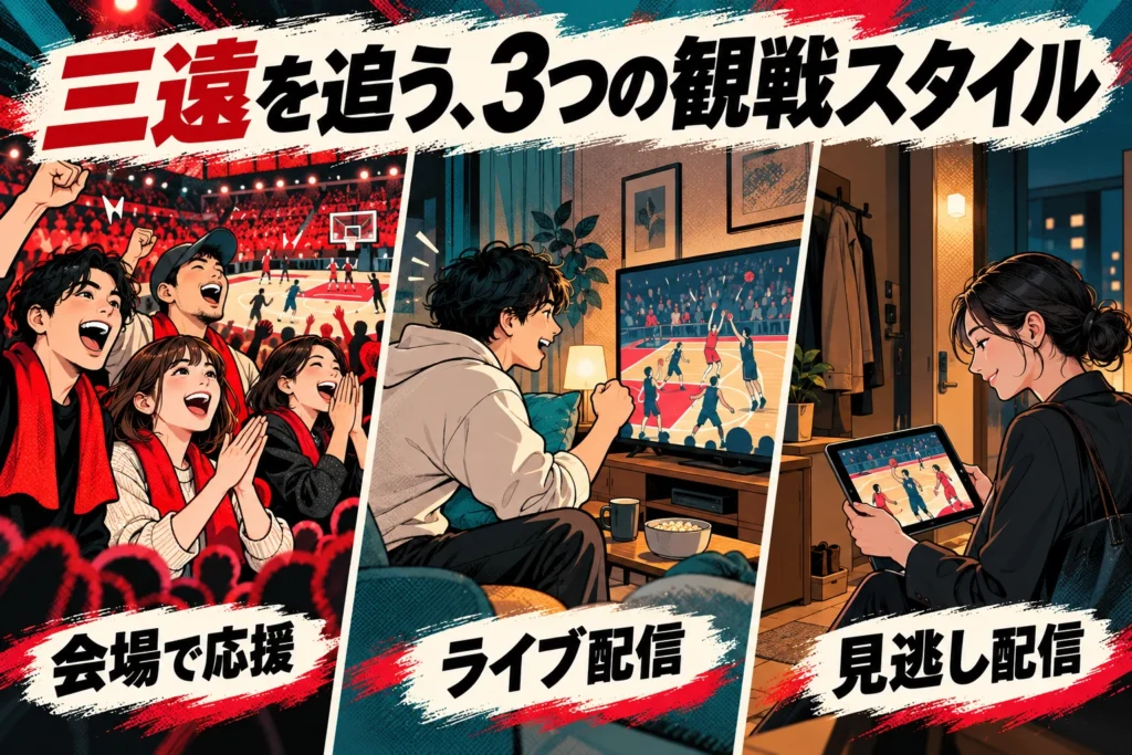 漫画風の3つの場面で、会場の応援、自宅ライブ、帰宅後の見逃し配信を描いたイラスト