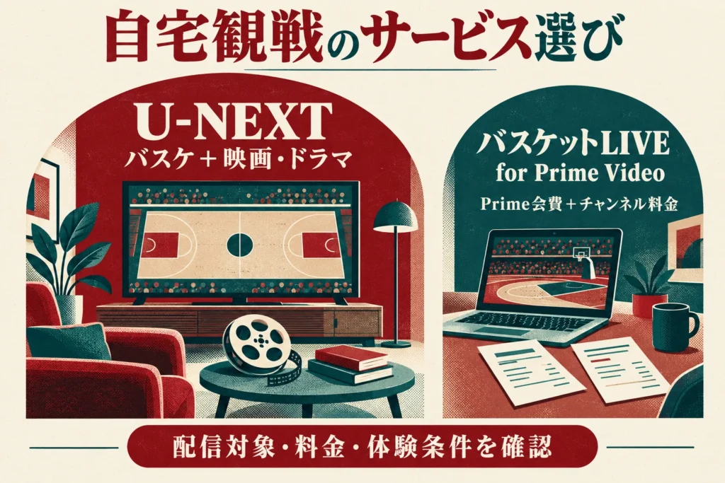 赤と青緑のポスター風に、U-NEXTとバスケットLIVE for Prime Videoの選び方を比較したイラスト