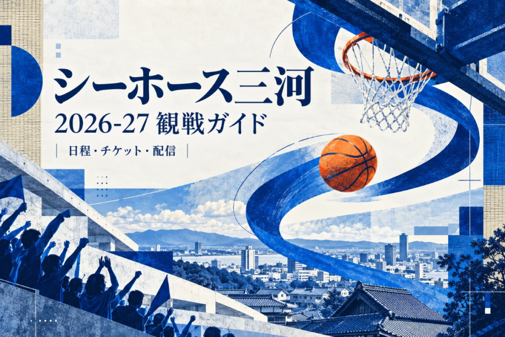 シーホース三河の2026-27観戦ガイド。青い帯、バスケットボール、街並みと応援する人を描いたイラスト