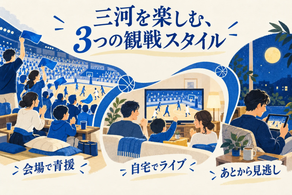 青を基調に、会場の青援、自宅ライブ、夜の見逃し配信を描いたイラスト