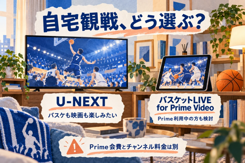 青いリビングのテレビとタブレットでU-NEXTとバスケットLIVE for Prime Videoの選び方を示した図