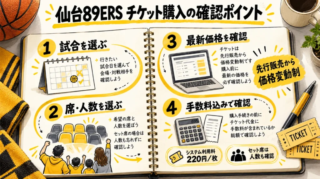 仙台89ERSのチケット購入前に、試合、席と人数、最新価格、手数料を含む総額を確認する流れ