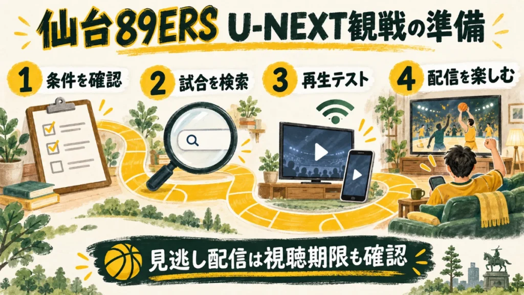 仙台89ERSのU-NEXT観戦準備。条件確認、試合検索、再生テスト、配信の再生。見逃し期限も確認