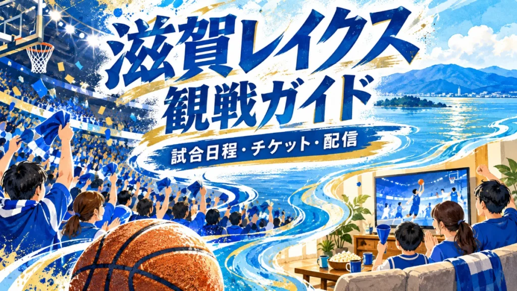 滋賀レイクスの観戦ガイド。試合日程・チケット・配信を案内し、会場と自宅でバスケットボールを応援するイラスト。