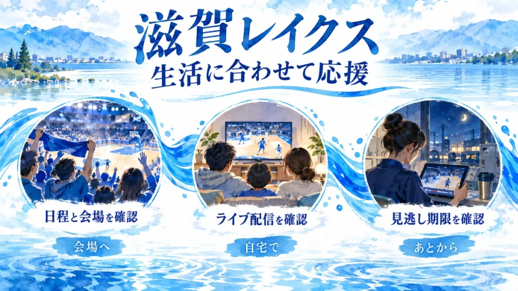 滋賀の試合を会場、自宅のライブ配信、見逃し配信で楽しむ3つの場面。