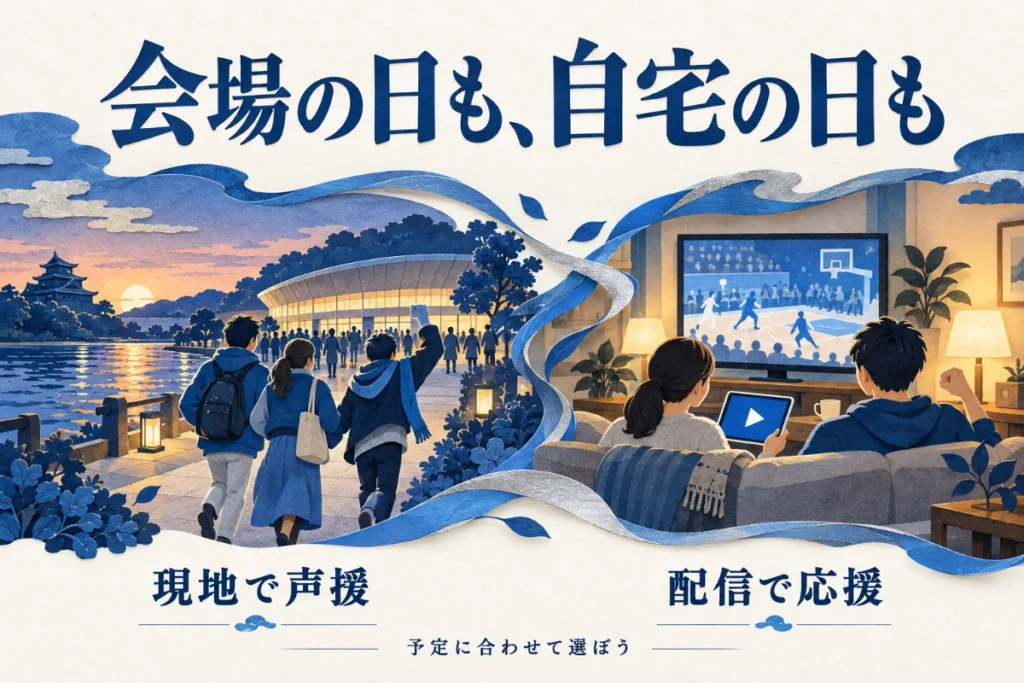 湖畔の会場へ向かう観客と、自宅でバスケットボール配信を楽しむ家族を青い風でつないだイラスト。