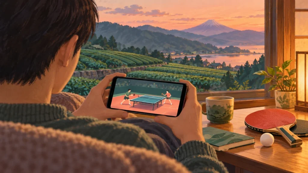 自宅でスマホを使って卓球の試合を視聴するファンのイラスト