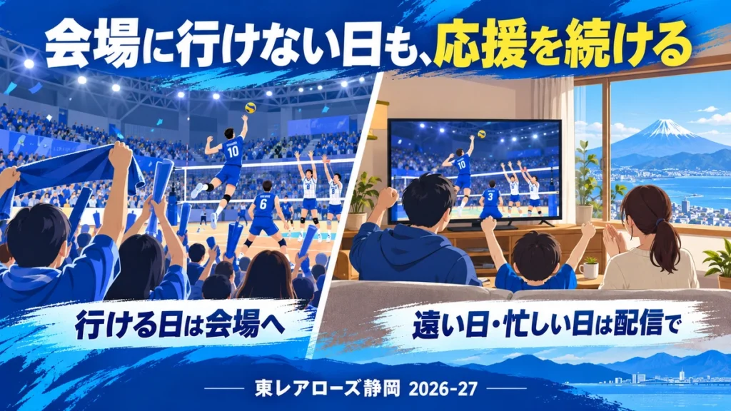 会場に行けない日も東レアローズ静岡を自宅の配信で応援するイメージ