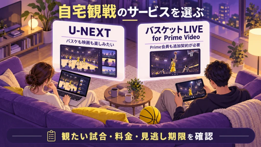 U-NEXTとバスケットLIVE for Prime Videoの視聴プランを比較する自宅観戦のイラスト