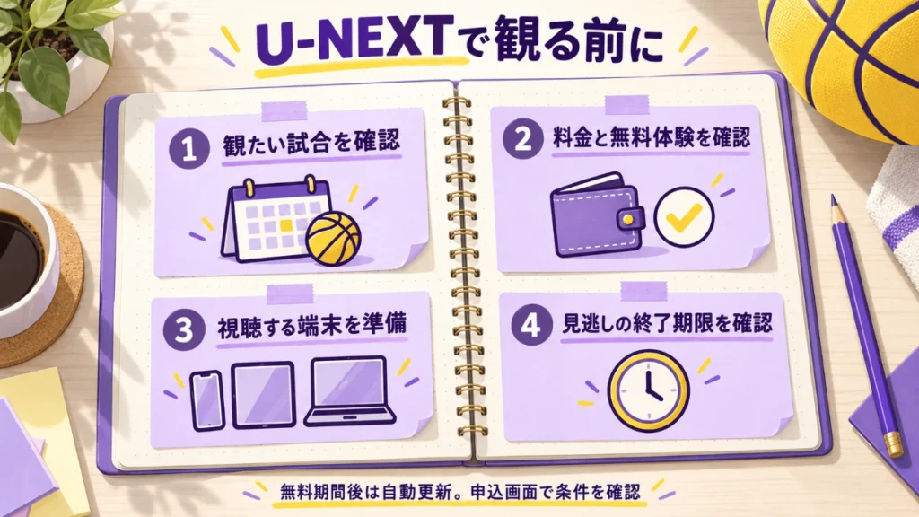 :観たい試合、料金と無料体験、視聴端末、見逃し終了期限を確認するU-NEXTの準備チェック