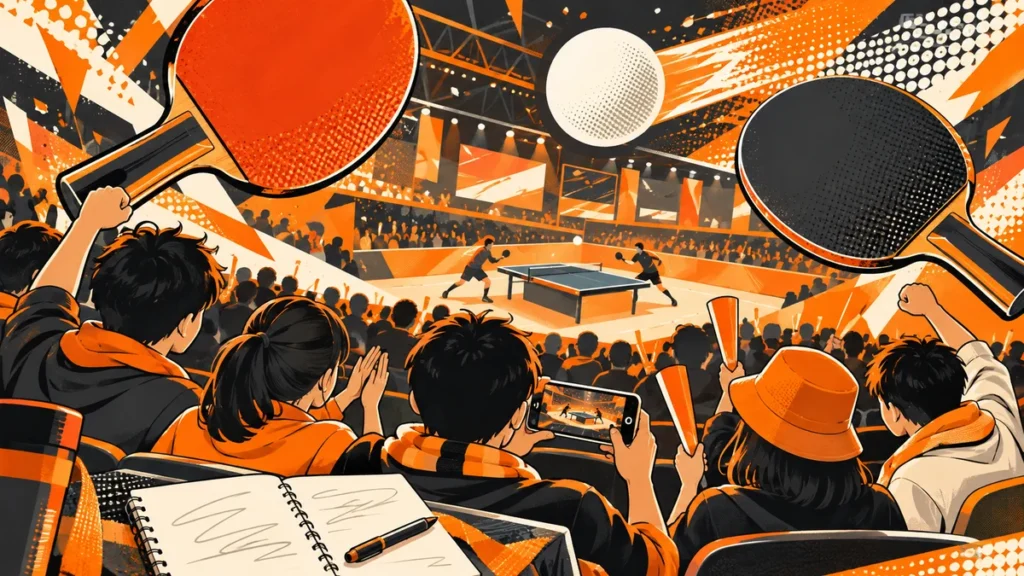 卓球の試合や動画を楽しみながらチームを応援するファンのイラスト