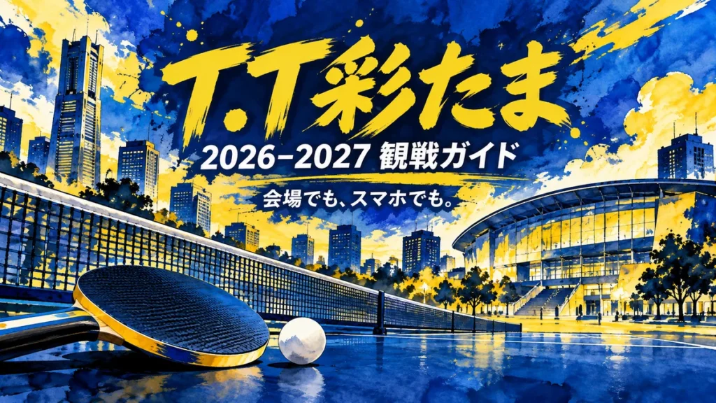 T.T彩たまの2026-2027シーズン観戦ガイドを表す卓球ラケットとボールのイラスト
