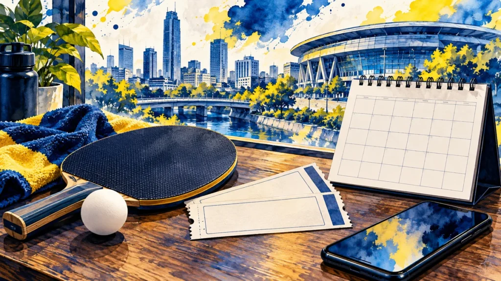 卓球の試合日程とチケットを確認するためのカレンダー、観戦券、ラケットのイラスト