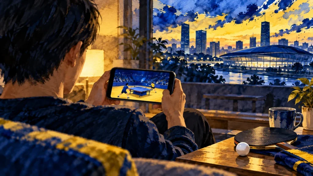 自宅でスマホを使って卓球の試合を視聴するファンのイラスト