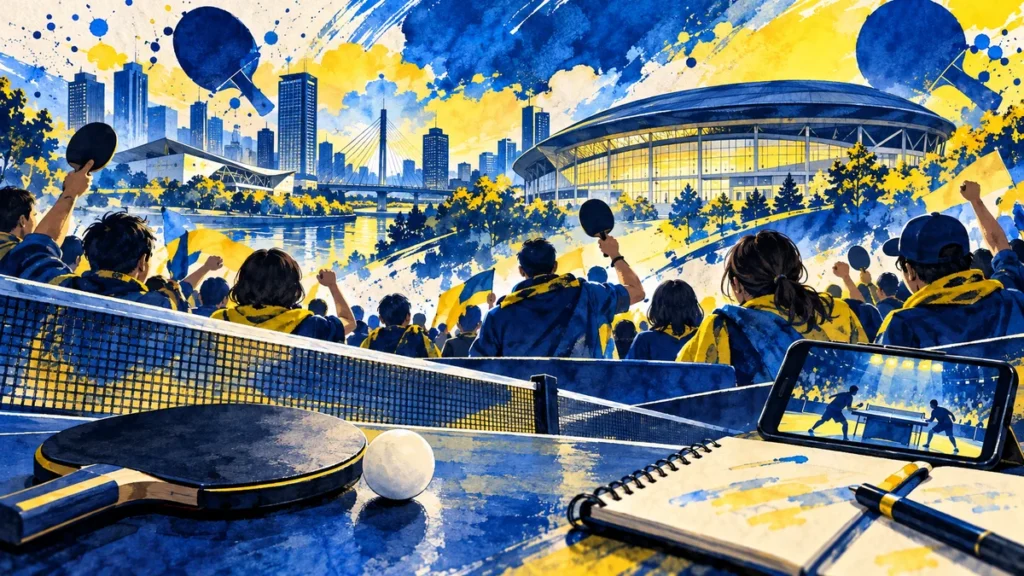 卓球の試合や動画を楽しみながらチームを応援するファンのイラスト