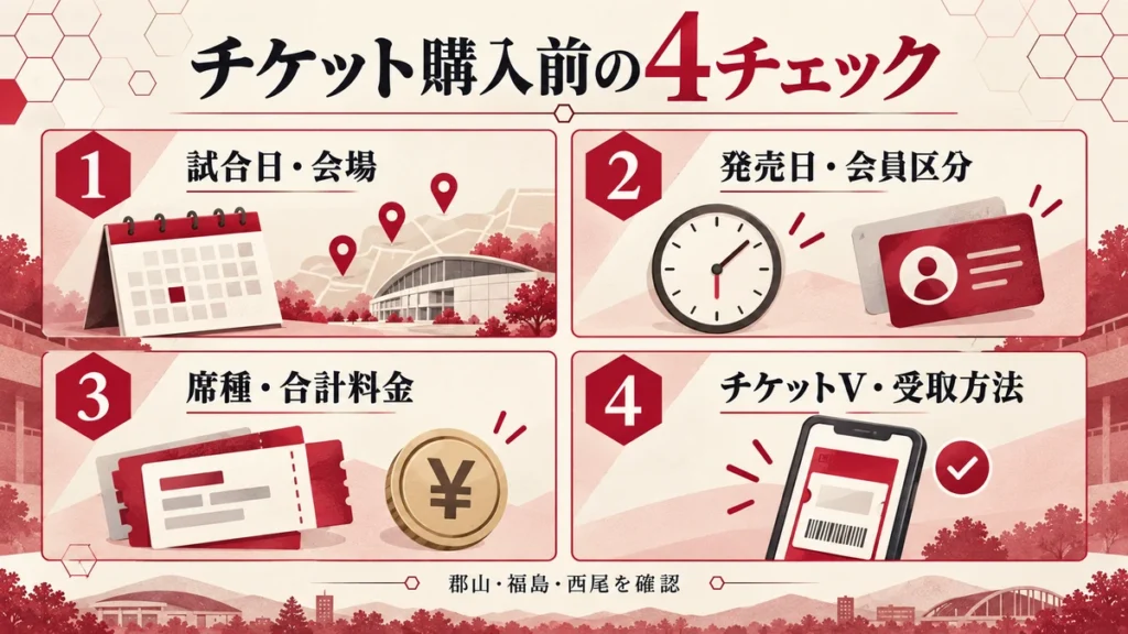 試合日・会場、発売日・会員区分、席種・合計料金、チケットVの4チェック